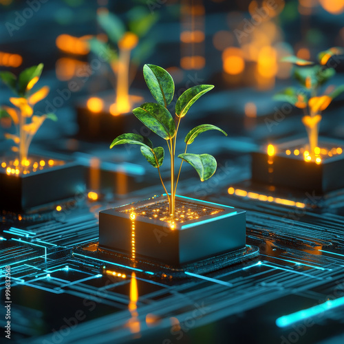 High tech metaphor for business growth with glowing plants on circuit board. This image symbolizes innovation and sustainability in digital world, showcasing fusion of nature and technology photo
