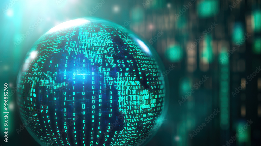 Obraz premium A digitally rendered globe featuring binary code, symbolizing technology, data, and global connectivity in a high-tech world.