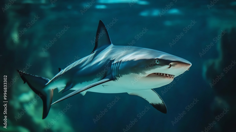 Naklejka premium A powerful shark gliding through crystal-clear waters, showcasing its streamlined body and sharp features in its natural habitat.
