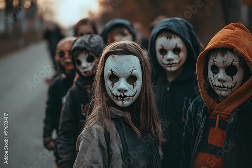 group of children with face paint as a spooky masks and costumes on Halloween