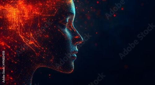 Abstract digital human head with glowing cybernetic elements on dark background, artificial intelligence concept. High quality illustration for banner design. copy space, high resolution