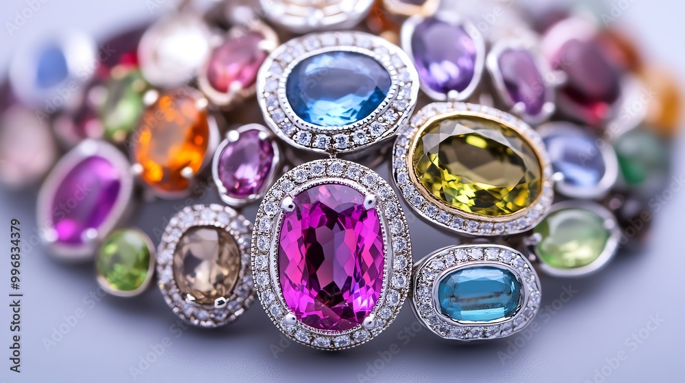 A stunning collection of colorful gemstones set in elegant rings, showcasing vibrant hues and intricate designs. A stunning collection of colorful gemstones set in elegant rings, showcasing vibrant hues and intricate designs.