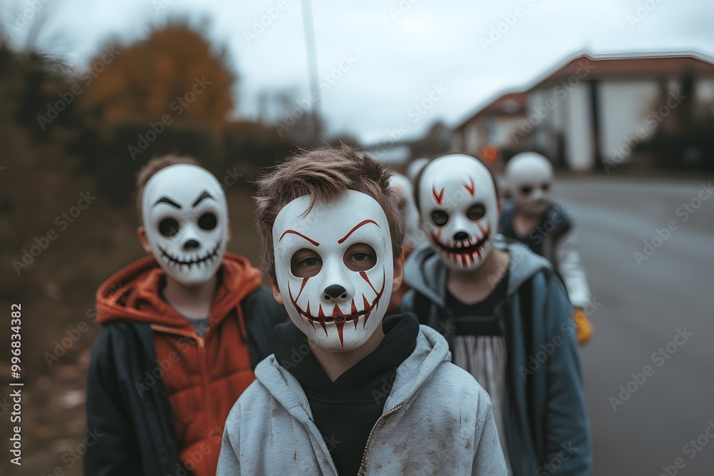 group of children with face paint as a spooky masks and costumes on Halloween group of children with face paint as a spooky masks and costumes on Halloween