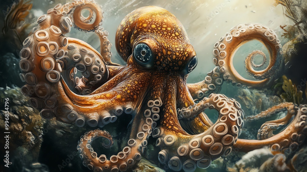 A stunning underwater scene featuring a vibrant octopus amidst colorful coral and marine life, showcasing its beauty and grace. A stunning underwater scene featuring a vibrant octopus amidst colorful coral and marine life, showcasing its beauty and grace.
