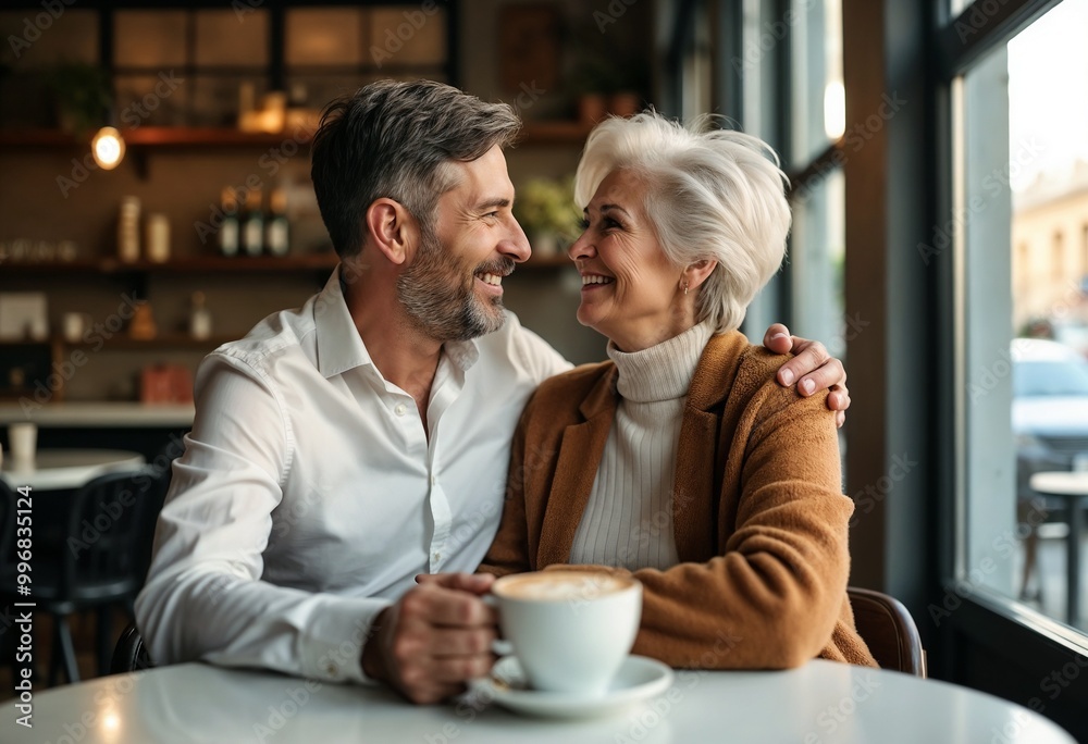 A couple enjoys a warm cup of coffee in a cozy, stylish cafe, embracing warmth and companionship in a modern, inviting atmosphere with large windows and ambient lighting. A couple enjoys a warm cup of coffee in a cozy, stylish cafe, embracing warmth and companionship in a modern, inviting atmosphere with large windows and ambient lighting.
