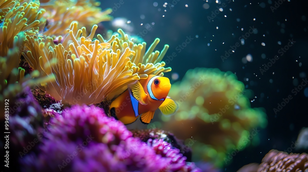 Fototapeta premium A vibrant clownfish swims among colorful coral reefs, showcasing the beauty of underwater life and marine biodiversity.