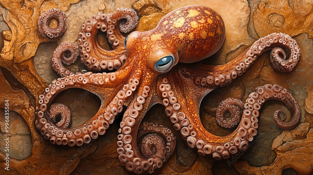 Obraz premium A vibrant octopus showcasing its intricate patterns and textures against a stunning underwater backdrop.