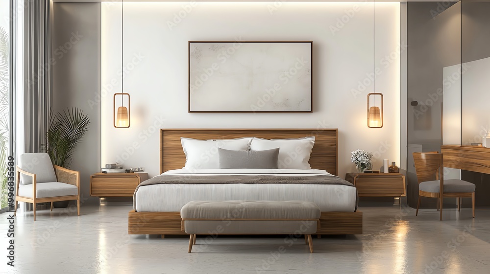 Fototapeta premium Modern bedroom, lowprofile bed, statement art, 3D illustration