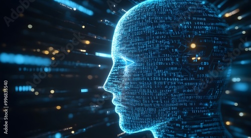 Wallpaper Mural Abstract digital human head with glowing cybernetic elements on dark background, artificial intelligence concept. High quality illustration for banner design. copy space, high resolution Torontodigital.ca