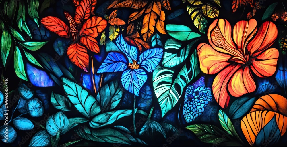 A colorful painting of flowers and leaves with a blue background A colorful painting of flowers and leaves with a blue background