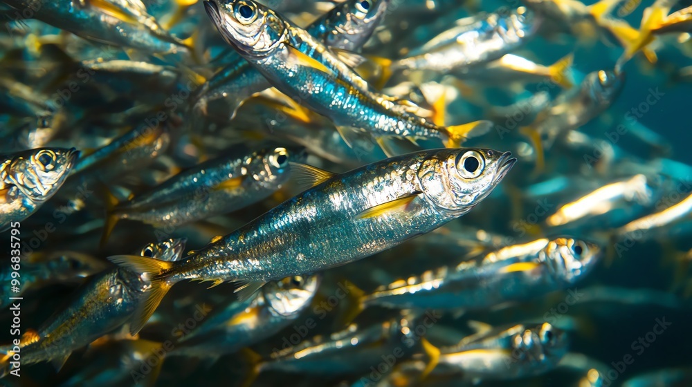 Fototapeta premium A vibrant school of fish swims gracefully in clear water, showcasing shimmering scales and dynamic movement in an underwater scene.
