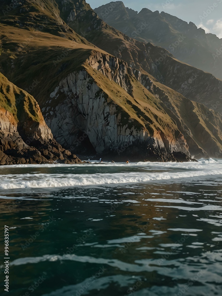 Another view of a steep cliff by the sea with mountains. Another view of a steep cliff by the sea with mountains.