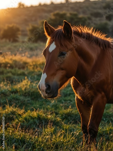Another view of a red horse grazing at sunset.