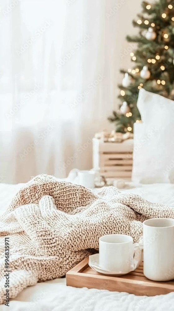 A cozy light grey blanket rests on a neatly made bed, with a beautifully decorated Christmas tree adorned with soft lights glowing in the background, evoking warmth and serenity A cozy light grey blanket rests on a neatly made bed, with a beautifully decorated Christmas tree adorned with soft lights glowing in the background, evoking warmth and serenity