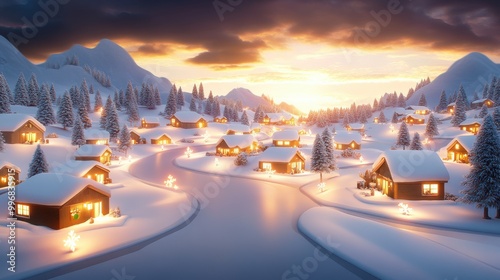 A snow-covered Christmas village with lights twinkling in the windows, creating a warm, festive holiday atmosphere.