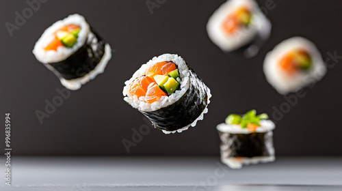 Delicious sushi rolls floating in mid air, showcasing vibrant ingredients photo