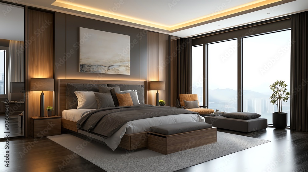 Fototapeta premium Modern bedroom with dark wood finishes, simple decor, 3D illustration
