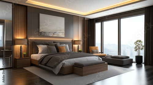 Modern bedroom with dark wood finishes, simple decor, 3D illustration