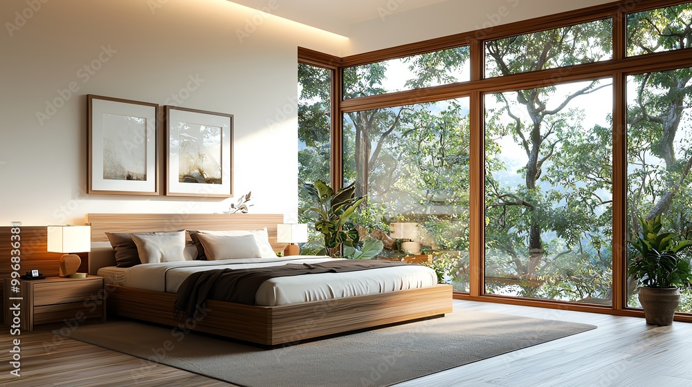 Fototapeta premium Modern bedroom with large glass windows, wood accents, 3D illustration