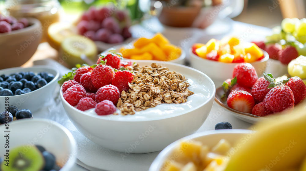 A traditional breakfast table with yogurt, granola, and a colorful assortment of fresh fruits, A traditional breakfast table with yogurt, granola, and a colorful assortment of fresh fruits,