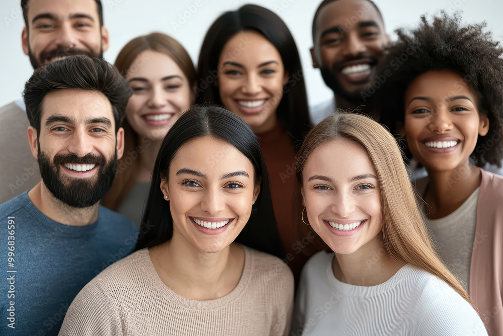A cheerful group portrait of diverse young adults smiling together, embodying friendship and positivity in a bright setting. A cheerful group portrait of diverse young adults smiling together, embodying friendship and positivity in a bright setting.