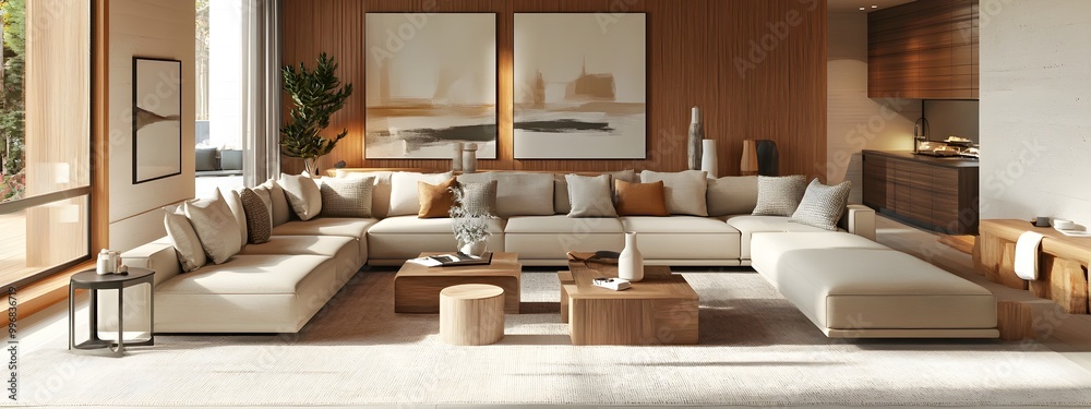 Harmonious and Welcoming Open Concept Living Room Showcasing a Neutral Toned Sectional Modern Artwork and a Mix of Natural Wood and Color Decor Elements Radiating a Cozy and Sophisticated Atmosphere Harmonious and Welcoming Open Concept Living Room Showcasing a Neutral Toned Sectional Modern Artwork and a Mix of Natural Wood and Color Decor Elements Radiating a Cozy and Sophisticated Atmosphere