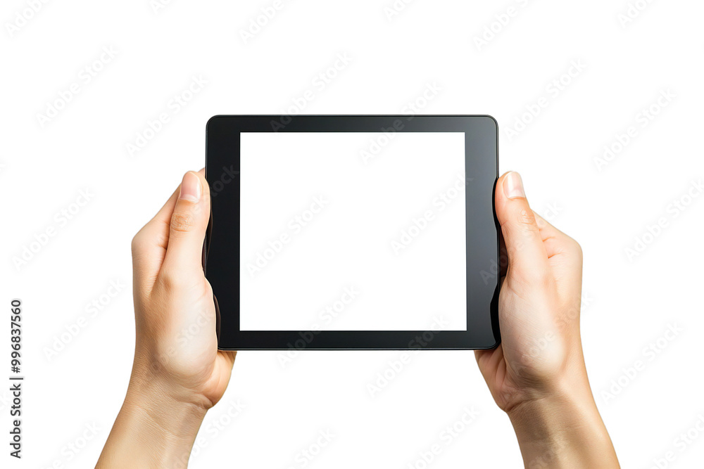 Digital Tablet Mockup with Blank Screen Held by Hands, Isolated on White Background, Perfect for Tech Designs, App Displays, and Digital Device Templates Digital Tablet Mockup with Blank Screen Held by Hands, Isolated on White Background, Perfect for Tech Designs, App Displays, and Digital Device Templates
