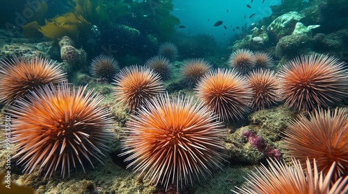 A vibrant underwater scene featuring colorful sea urchins amidst coral, showcasing the beauty of marine life.