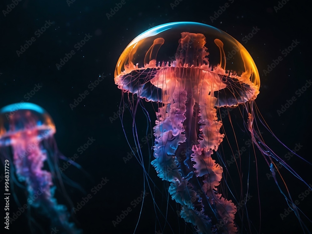 Artistic neon jellyfish in a dark ocean again. Artistic neon jellyfish in a dark ocean again.