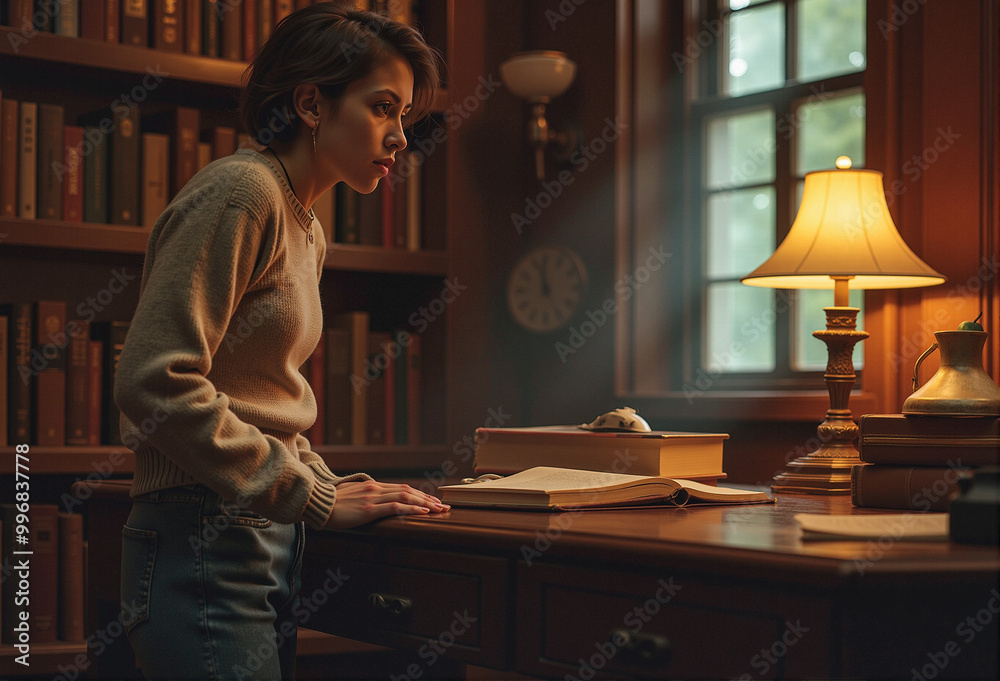 A woman leans on a desk near a window in a rustic library, with light streaming through, symbolizing contemplation, knowledge, peace, and introspection. A woman leans on a desk near a window in a rustic library, with light streaming through, symbolizing contemplation, knowledge, peace, and introspection.