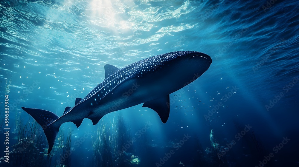 Fototapeta premium Majestic deep sea whale shark gracefully swimming and gliding through the calm serene underwater seascape of the vast ocean This magnificent marine creature explores its natural habitat