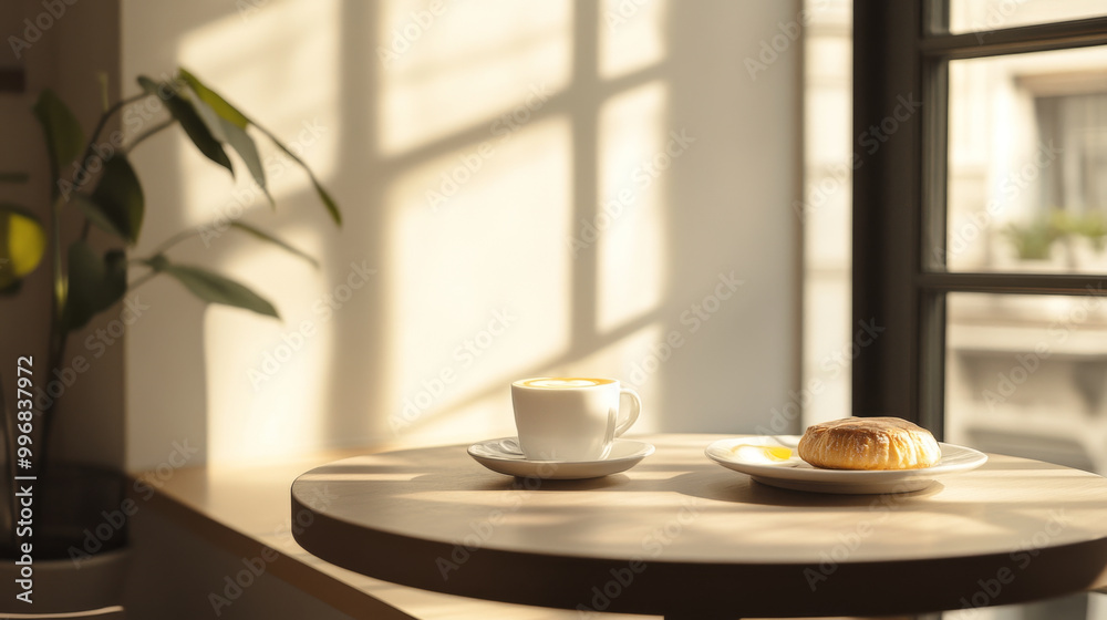 Coffee and pastry served on a minimalist table, with soft morning light filtering through large cafe windows Coffee and pastry served on a minimalist table, with soft morning light filtering through large cafe windows