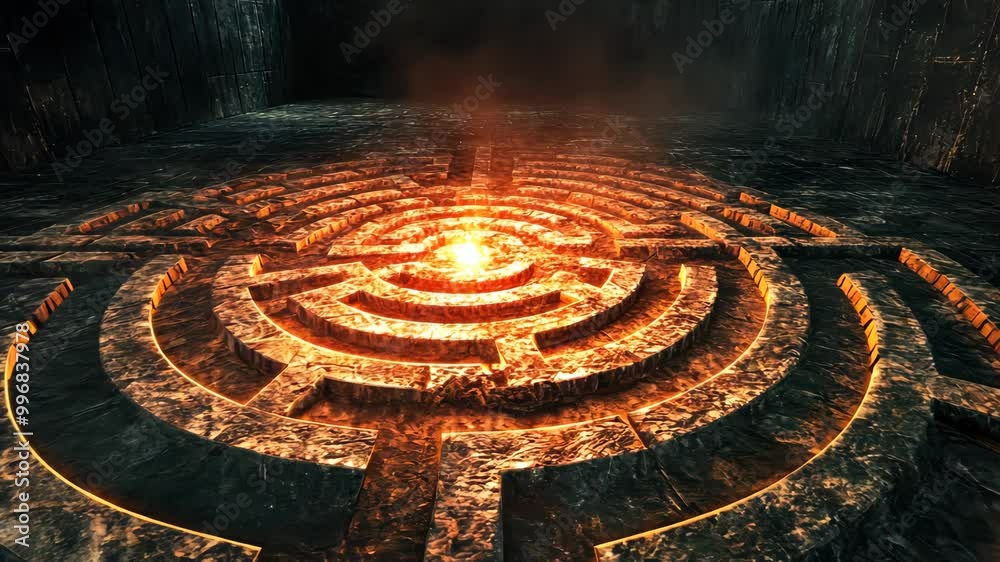 Fire burning at the center of stone labyrinth Fire burning at the center of stone labyrinth