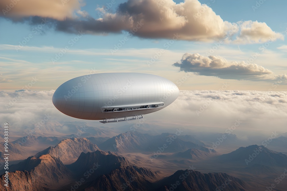 Majestic Hydrogen Powered Airship Concept Soaring over Rugged Mountain Landscape Majestic Hydrogen Powered Airship Concept Soaring over Rugged Mountain Landscape