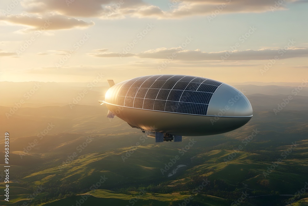 A Futuristic Solar Powered Dirigible Airship Concept Set in a Serene Pastoral Landscape