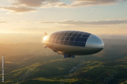 A Futuristic Solar Powered Dirigible Airship Concept Set in a Serene Pastoral Landscape photo