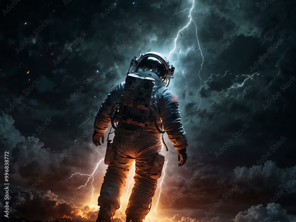 Astronaut Navigating Glowing Storms in Space Astronaut Navigating Glowing Storms in Space