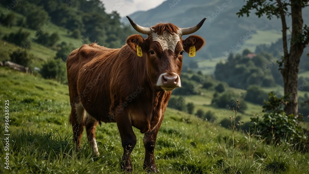 Asturian cow surrounded by green vegetation. Asturian cow surrounded by green vegetation.