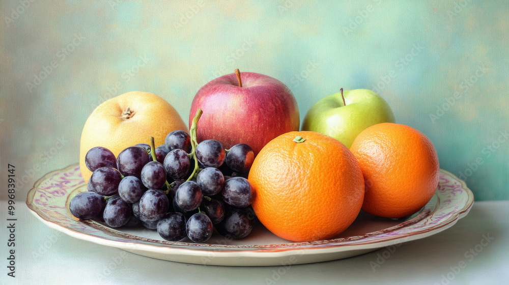 Grapes, apples, and oranges neatly stacked on a vintage plate with a soft pastel background, Grapes, apples, and oranges neatly stacked on a vintage plate with a soft pastel background,