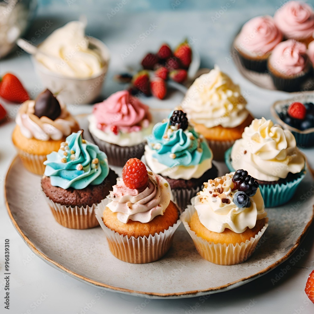 Beautiful and tasty cupcakes on the table A collection of delectable sweet treats topped with cream Beautiful and tasty cupcakes on the table A collection of delectable sweet treats topped with cream