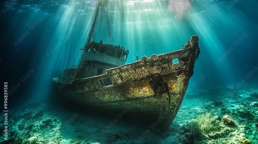 An enchanting underwater scene featuring a sunken ship illuminated by shafts of light, showcasing marine life and vibrant coral. An enchanting underwater scene featuring a sunken ship illuminated by shafts of light, showcasing marine life and vibrant coral.
