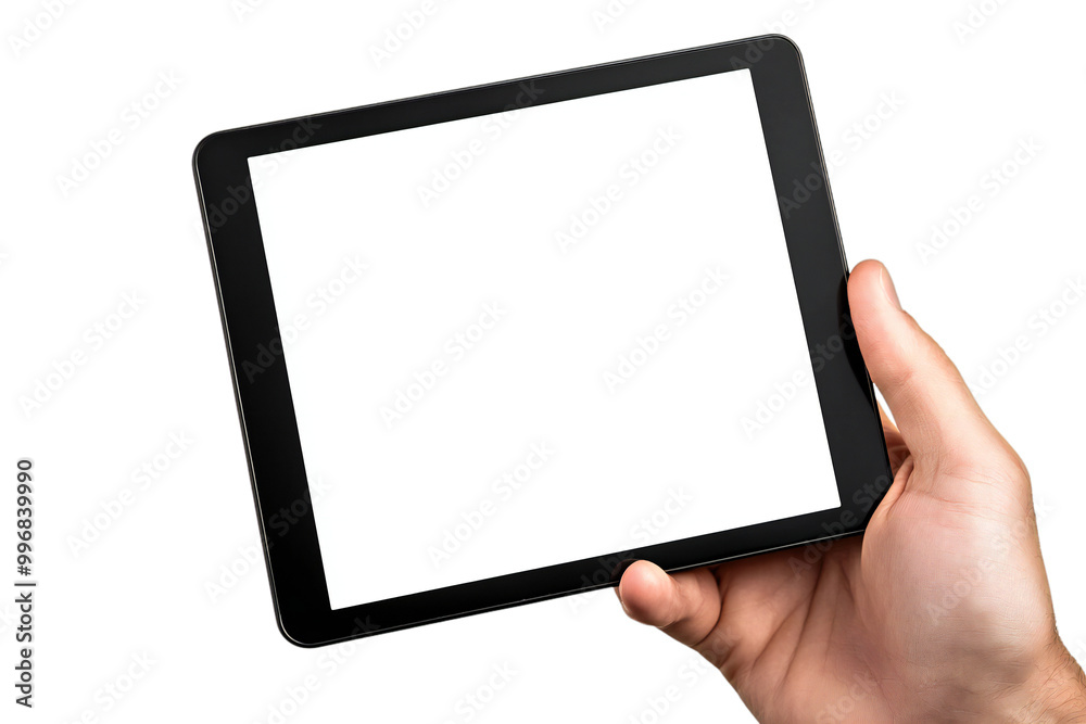 Digital Tablet Mockup with Blank Screen Held by Hands, Isolated on White Background, Perfect for Tech Designs, App Displays, and Digital Device Templates