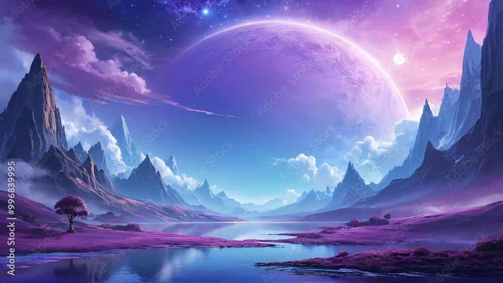 Otherworldly landscape, large planet over shimmering waters and majestic mountains, vibrant colors, copy space Otherworldly landscape, large planet over shimmering waters and majestic mountains, vibrant colors, copy space