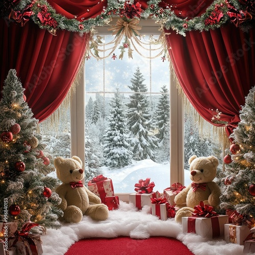 Christmas-themed backdrop with a large window, teddy bears, and presents on the floor, snow-covered trees outside, and red curtains