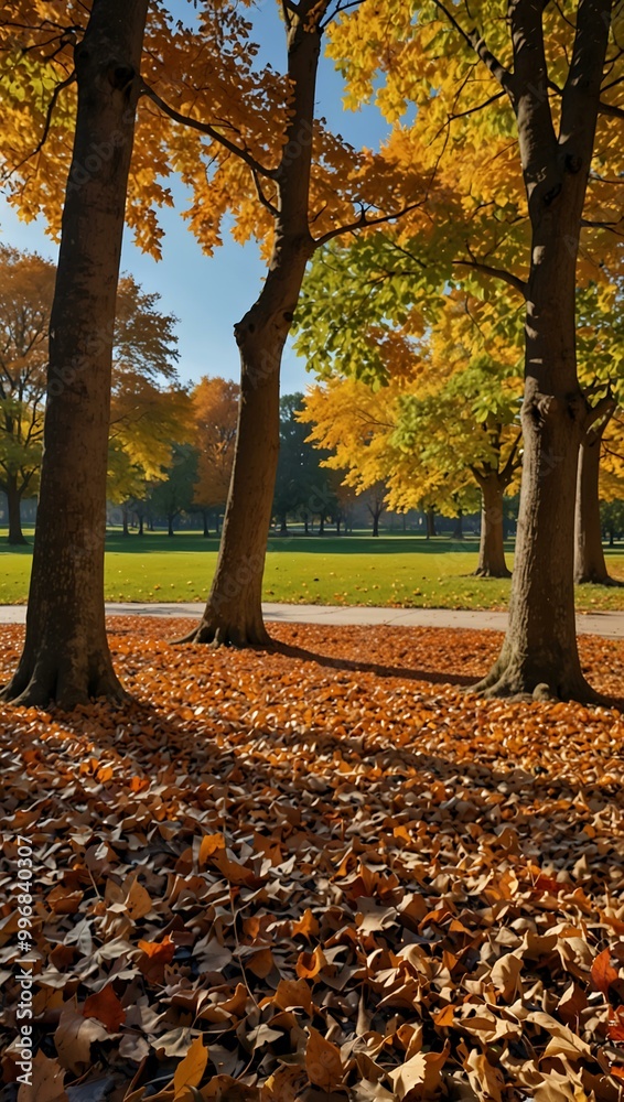 Autumn park scene with blue skies and colorful leaves. Autumn park scene with blue skies and colorful leaves.