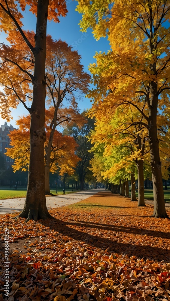 Autumn park scene with blue skies and colorful leaves. Autumn park scene with blue skies and colorful leaves.