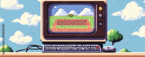 An old-fashioned PC with a nostalgic pixelated game on the screen