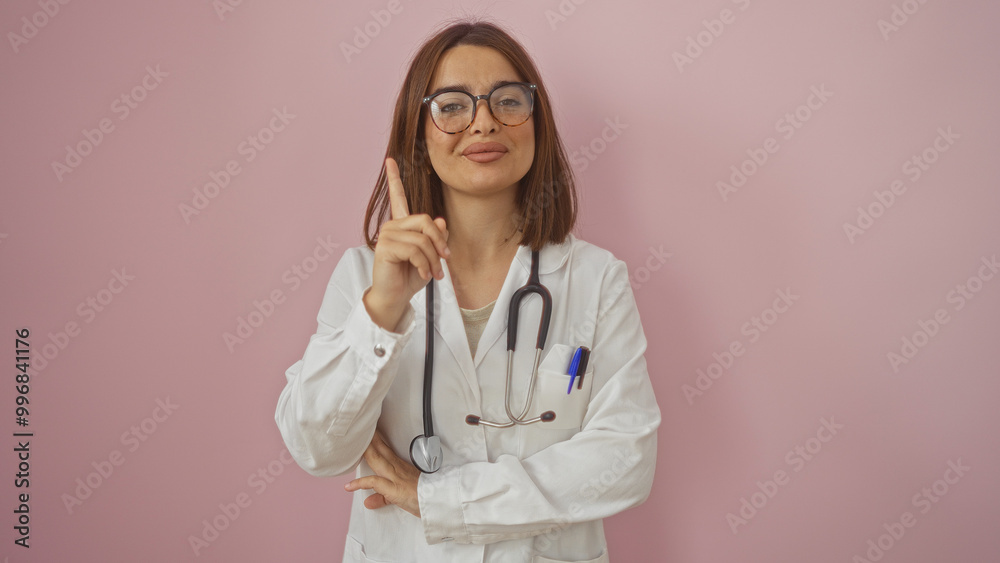 Confident hispanic female doctor with glasses, pointing upward with a serious expression, wears a white lab coat and stethoscope, posing against an isolated pink background Confident hispanic female doctor with glasses, pointing upward with a serious expression, wears a white lab coat and stethoscope, posing against an isolated pink background