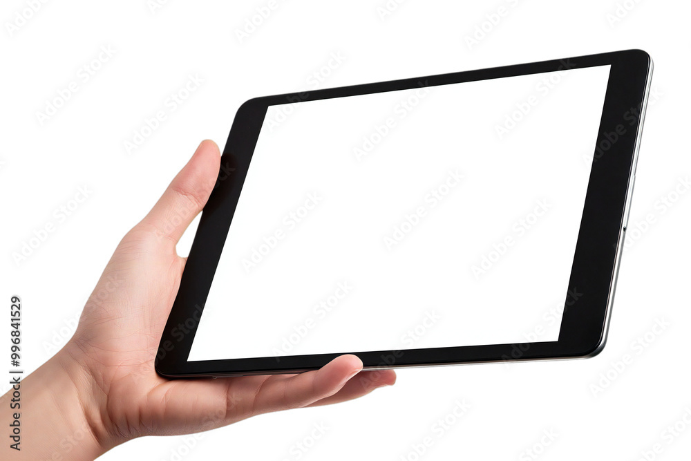 Digital Tablet Mockup with Blank Screen Held by Hands, Isolated on White Background, Perfect for Tech Designs, App Displays, and Digital Device Templates Digital Tablet Mockup with Blank Screen Held by Hands, Isolated on White Background, Perfect for Tech Designs, App Displays, and Digital Device Templates