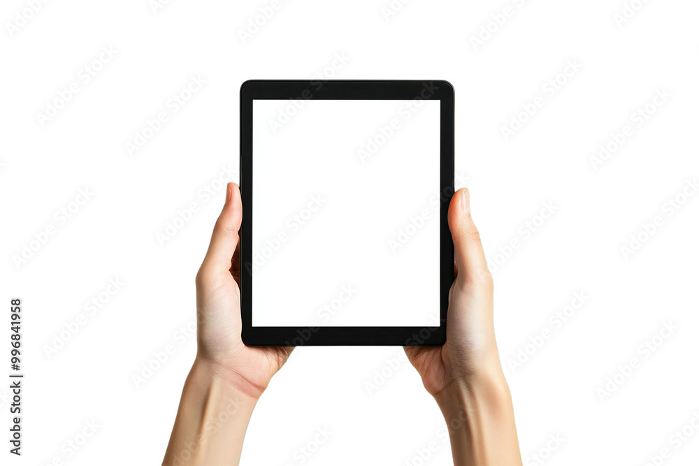 Digital Tablet Mockup with Blank Screen Held by Hands, Isolated on White Background, Perfect for Tech Designs, App Displays, and Digital Device Templates Digital Tablet Mockup with Blank Screen Held by Hands, Isolated on White Background, Perfect for Tech Designs, App Displays, and Digital Device Templates